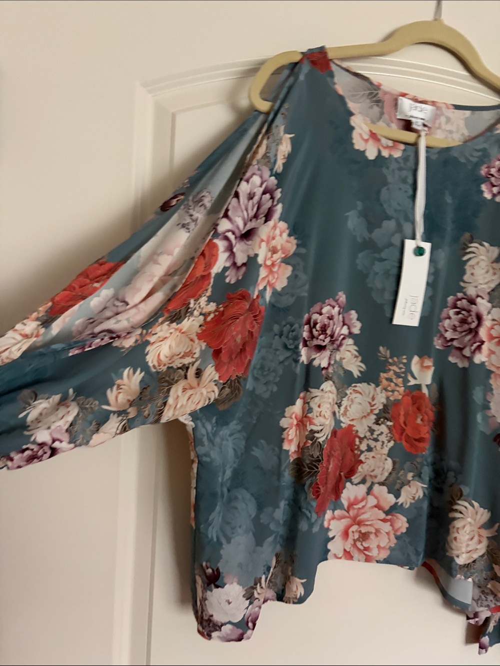Johnny Was Jade Teal Floral cut out Ruffle-Sleeve Blouse - Picture 2 of 4